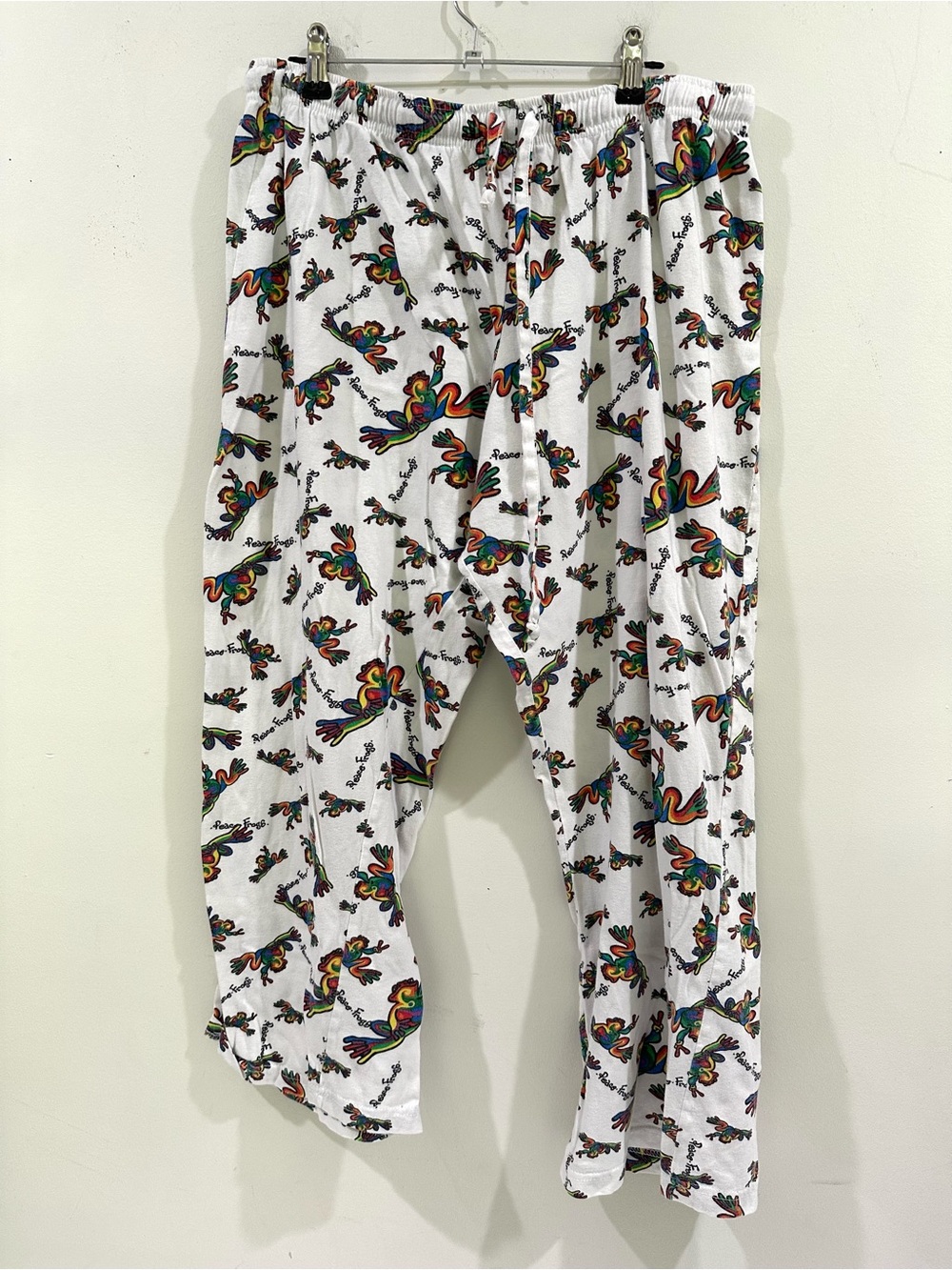 Womens Elastic Rainbow Peace Frogs Pajama Pants White Multicolor Very Nice